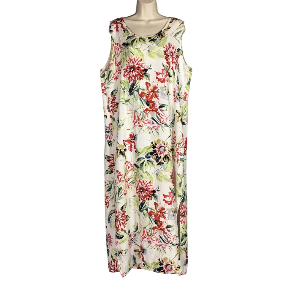 Vintage FLAX Women L Floral Linen Sleeveless Maxi Dress Resortwear Hawaiian